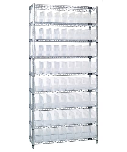 Quantum Storage Systems WR9-205CL Wire Heavy Duty 9 Shelves 64 STORE-MORE Clear Bins 74" H x 36" W x 24" D