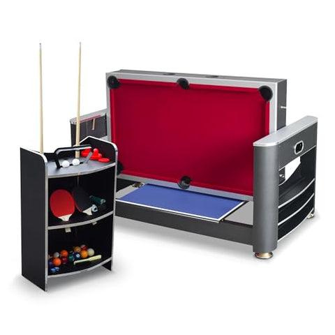 Hathaway Triple Threat Multi Game Table – Space-Saving Rotating Playfield for 6ft Pool Table, Air Hockey Table, & Table Tennis - 3 in 1 Game Table with Complete Accessories & Display Rack