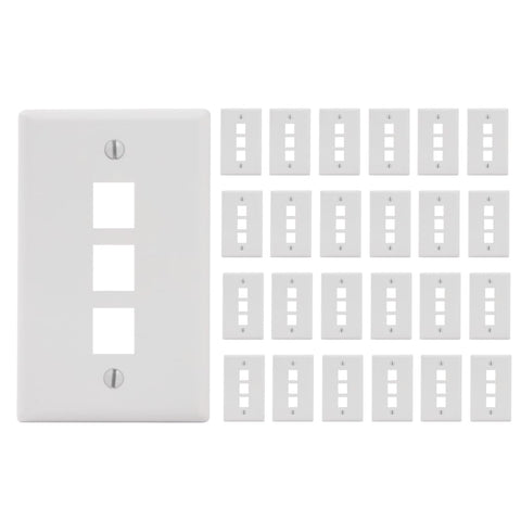 ICC 3-Port Keystone Wall Plate (25 Pack), UL Listed, Durable ABS Plastic, Single Gang Wall Plate for RJ45 Modular Jack and Inserts, White