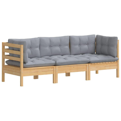 vidaXL Solid Pinewood 3-Seater Patio Sofa with Gray Cushions Garden Outdoor Lawn Yard Terrace Balcony Seat Seating Sitting Chair Furniture