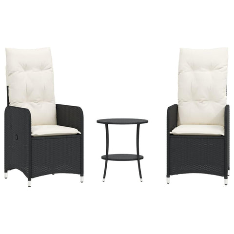 vidaXL Reclining Garden Chairs Set with Table 2 Pcs Black Poly Rattan Weather Resistant Outdoor Seating for Dining and Relaxation Adjustable Cushions Removable Covers Chair Seat Armchair Recliner