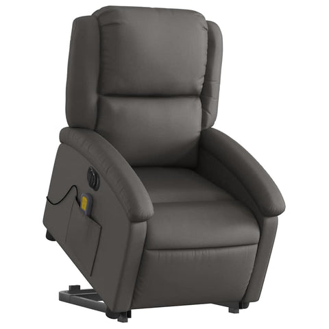 vidaXL Electric Stand up Massage Recliner Chair - Gray Real Leather Armchair with Power Lift, Electric Recline, Vibration Massage, Side Pocket, Foam Padding for Living Room Comfort