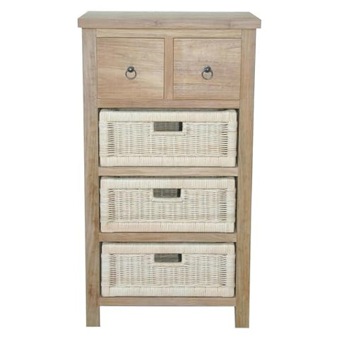 Oakestry Safari Occasional Table with Drawer and Rattan Baskets Solid Teak Accent Storage Table Rustic Living Room Furniture Natural Finish Eco Friendly Handcrafted Organizer Side End Table
