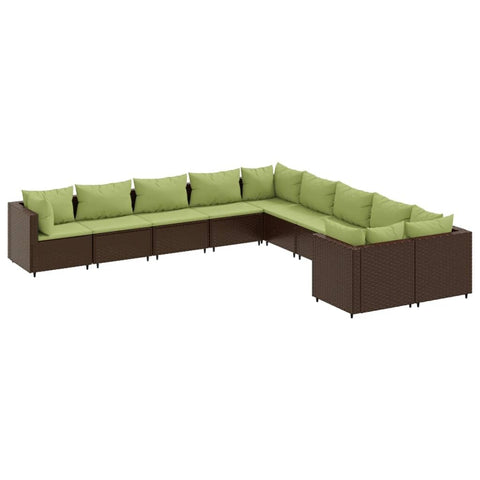 vidaXL 10 Piece Patio Sofa Set - Brown Poly Rattan Outdoor Lounge Set with Cushions and Glass Tabletop for Garden, Terrace, Deck, Backyard