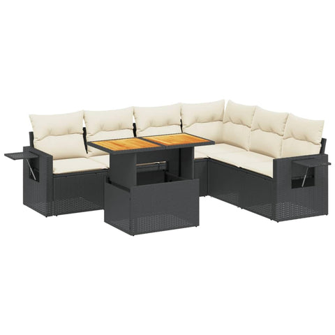 vidaXL 7 Piece Modular Outdoor Garden Sofa Set with Cushions Black and Cream Color UV Resistant PE Rattan Seating for Terrace Or Backyard Furniture Patio Lounge Poly Sectional Conversation