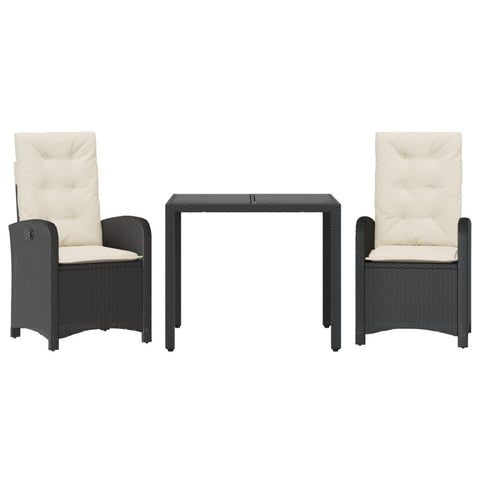 vidaXL 3 Piece Patio Dining Set - Black Poly Rattan & Steel with Cushions, Adjustable Backrest, Tempered Glass Tabletop, Easy to Clean