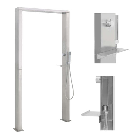 vidaXL Outdoor Stainless Steel Shower Panel with Double Jets Modern Design for Garden and Patio Adjustable Durable Tower System Brushed Waterfall