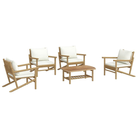 vidaXL ic Bamboo 5-Piece Patio Lounge Set with Cream White Cushions - Outdoor Garden Sofa Set with Modular Design and Practical Table for Decor and Dining
