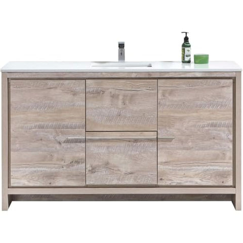 Oakestry Dolce 60 Inch Single Sink Nature Wood Freestanding Modern Bathroom Vanity with White Quartz Countertop and Soft Close Drawer