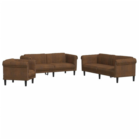 vidaXL Sofa Set - 3 Piece Brown Velvet Furniture - 3-Seater, 2-Seater, Chair - Modern Living Room Lounger, Settee with Padded Seat and Backrest - Indoor Lounge Seating