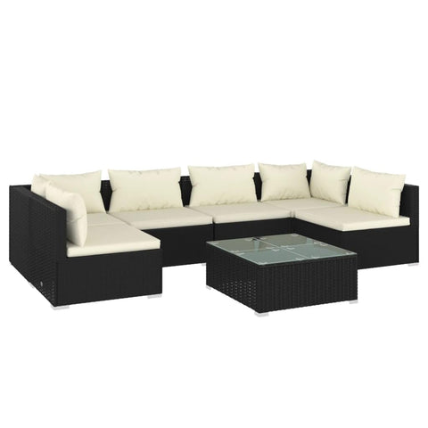 vidaXL Patio Lounge Set 7 Piece with Cushions Garden Outdoor Lawn Yard Terrace Balcony Backyard Sofa Seat Seating Furniture Poly Rattan Black