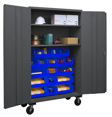 Durham 3502M-BLP-18-2S-5295 Lockable Mobile Cabinet with 18 Blue Hook-On Bins, 2 Adjustable Shelves, Flush Door Style, 48" Wide, 14 Gauge, Gray