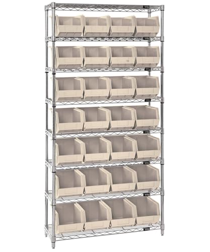 Quantum Storage Systems WR8-239IV 8-Tier Complete Wire Shelving System with 28 QUS239 Ivory Giant Open Hopper Bins, Chrome Finish, 12" Width x 36" Length x 74" Height