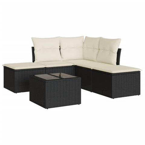 vidaXL Patio Sofa Set with Cushions 6 Piece, Sectional Sofa with Glass Table, Outdoor Conversation Set, Modern Style, Black Poly Rattan