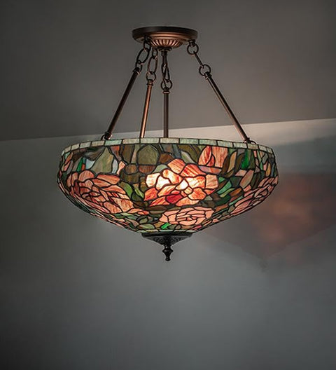 Meyda Tiffany 262137 17 in. Mahogany Bronze Tiffany Peony Inverted Semi-Flush Mount - Ruby Pink & Green