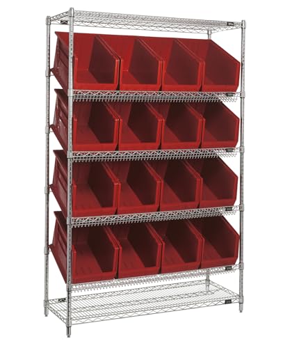 Quantum Storage Systems WRSL6-74-1848-260RD Wire Slanted 6 Shelves 16 Ultra Stack & Hang Red Bins 74" H x 48" W x 18" D