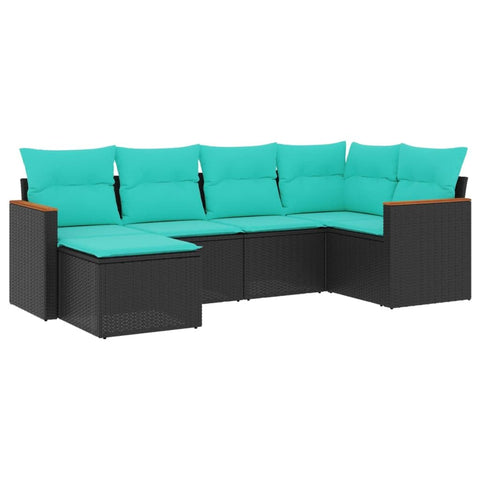 vidaXL Outdoor Patio Sofa Set with Cushions - 6 Piece Modular Black Poly Rattan Furniture for Garden, Deck, Backyard, Terrace