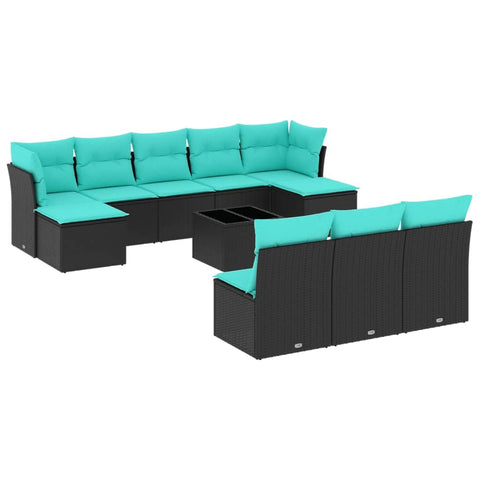 vidaXL Patio Sofa Set with Cushions 11 Piece, Sectional Sofa with Glass Table, Outdoor Conversation Set, Modern Style, Black Poly Rattan