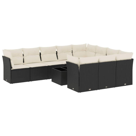 vidaXL Patio Sofa Set with Cushions 11 Piece, Sectional Sofa with Glass Table, Outdoor Conversation Set, Modern Style, Black Poly Rattan