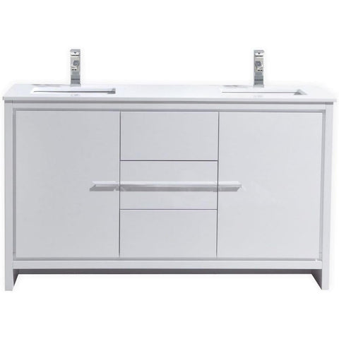 Oakestry Dolce 60 Inch High Gloss White Double Sink Freestanding Modern Bathroom Vanity with White Quartz Countertop and Soft Close Drawers