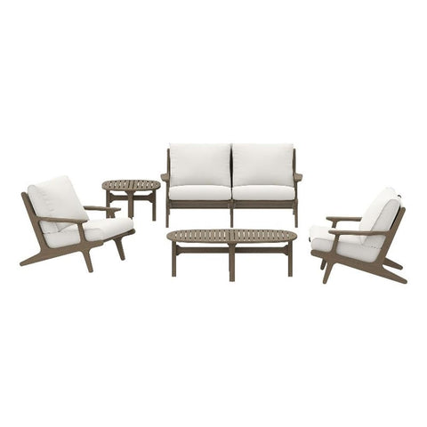 Modway Saratoga 5-Piece Teak Wood Outdoor Furniture Set in Weathered Gray White - Patio Conversation Set with Loveseat, 2 Armchairs, Side Table and Coffee Table