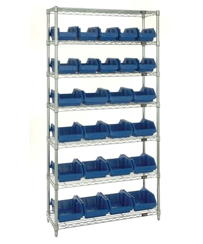 Quantum Storage Systems W7-12-26BL 7-Tier Complete Wire Shelving System with 10 QP1265 and 16 QP1285 Blue QuickPick Bins, Chrome Finish, 18" Width x 36" Length x 74" Height