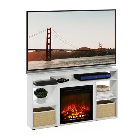 Furinno Jensen Corner TV Stand with Fireplace for TV up to 55 Inches Solid White