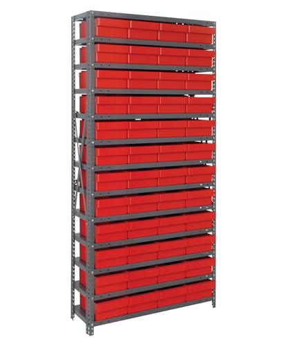 Quantum Storage Systems 1875-606RD Solid Heavy Duty 13 Shelves 48 Super Tuff Euro Red Bins 75" H x 36" W x 18" D