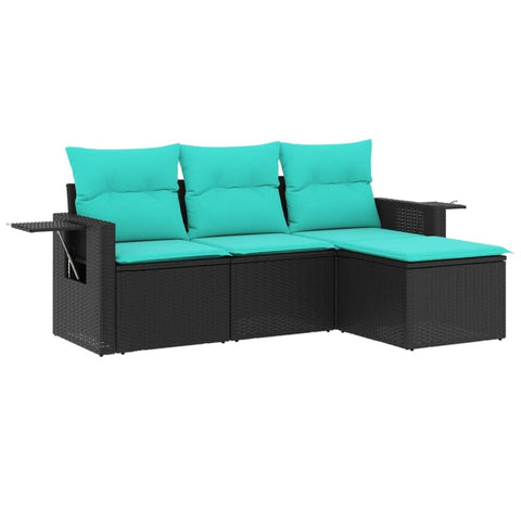 vidaXL Patio Sofa Set with Cushions - 4 Piece Outdoor Black Poly Rattan Garden Furniture, Modular Design, Water- Storage, Washable Covers, Foldable Side Table - Terrace, Deck, Backyard