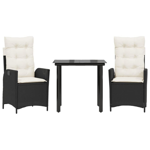 vidaXL 3 Piece Patio Dining Set - Black Poly Rattan, Adjustable Reclining Chairs with Cushions, Square Tempered Glass Table for Garden, Backyard, Patio