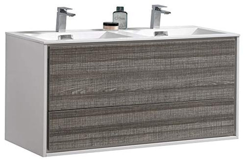Kube DL48D-HGASH DeLusso 48" Double Sink Ash Gray Wall Mount Modern Bathroom Vanity
