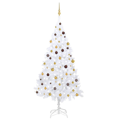 vidaXL 94.5" Artificial Christmas Tree with LEDs - White PVC Christmas Tree with Energy-Efficient LED Lights & Decoration Balls.