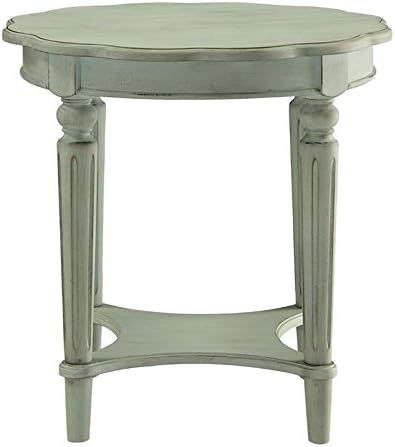 Acme Fordon Round Wooden End Table with Bottom Shelf in Antique Green