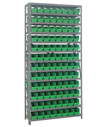 Quantum Storage Systems 1275-101GN Steel Shelving Unit with 4" Shelf Bins, 12" D x 36" W x 75" H, Green