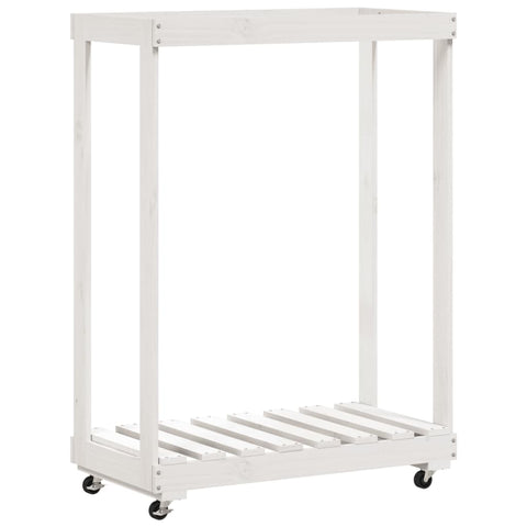 vidaXL Solid Pine Wood Log Holder with Wheels - White - Ample Storage Space - Prevents Wood Rot - Mobile Firewood Rack