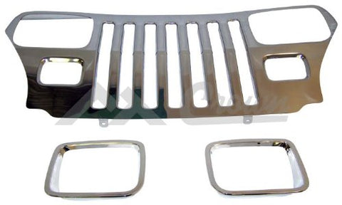 Stainless Steel Grille Overlay Kit 1987-1995 YJ Wrangler; Stainless Steel Grille Applique w/ Chrome Bezels 55056587STK