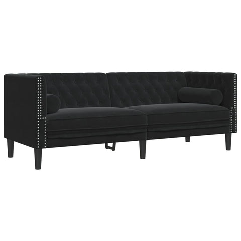 vidaXL Black Velvet Chesterfield Sofa - 3-Seater with Bolster Pillows, 76.4â€ W x 29.3â€ D x 27.8â€ H, Comfortable Padded Cushions for Living Room, Bedroom, Lounge Area, Office, Modern Design