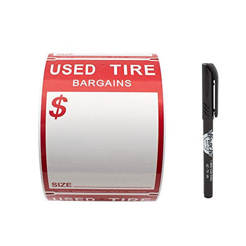 500 Pc Roll Adhesive Used Tire Tag Weather Resistant Polysteel Sticker Label 4" x 5 1/2" Red & White w/Marker for Auto Tire Repair Retail Shop