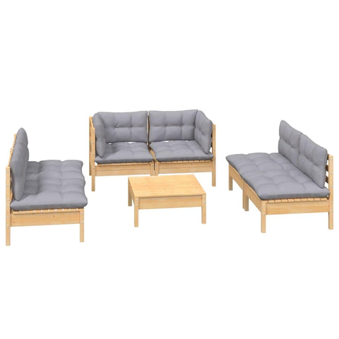 vidaXL Solid Pinewood Patio Lounge Set 7 Piece with Gray Cushions Garden Outdoor Lawn Yard Terrace Balcony Wooden Seat Seating Furniture