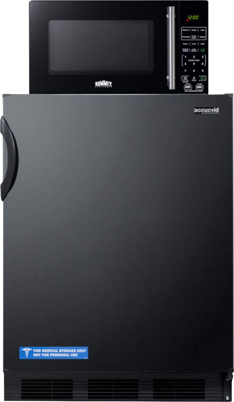 Counter height refrigerator-freezer and compact microwave in black with allocator and USB ports for 1-plug operation ships in three boxes on one pallet
