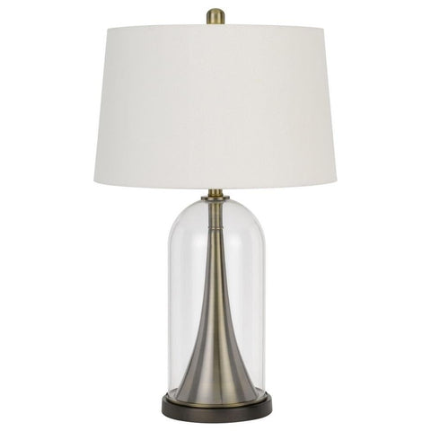 Cal 150W 3 Way Camargo Glass/Metal Table lamp with hardback Taper Drum Fabric Shade, Brass (BO-2989TB)