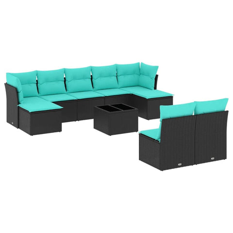 vidaXL Patio Sofa Set with Cushions 10 Piece, Sectional Sofa with Glass Table, Outdoor Conversation Set, Modern Style, Black Poly Rattan