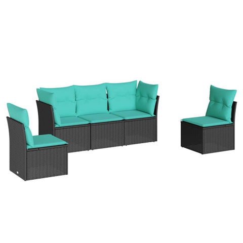 vidaXL Patio Sofa Set with Cushions 5 Piece, Outdoor Conversation Set, Sectional Sofa for Balcony Garden, Modern Style, Black Poly Rattan