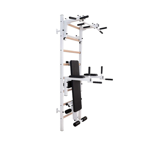BenchK 233W Full Body Workout Dip Station, Wallbars with Convertible Steel 6-Grips Pull Up Bar That can Also be Used as a Barbell Holder, Dip Bar with Polyurethane Back Support