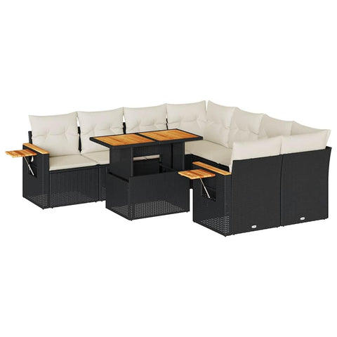 vidaXL 9 Piece Patio Sofa Set with Cushions Black Poly Rattan Acacia, Garden Sofa Set, Garden Lounge Set, Poly Rattan Sofa Set, Outdoor Sofa Set