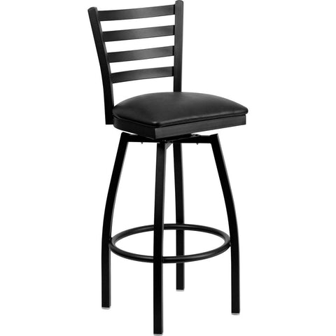 Hercules Series Black Ladder Back Swivel Metal Barstool - Black Vinyl Seat