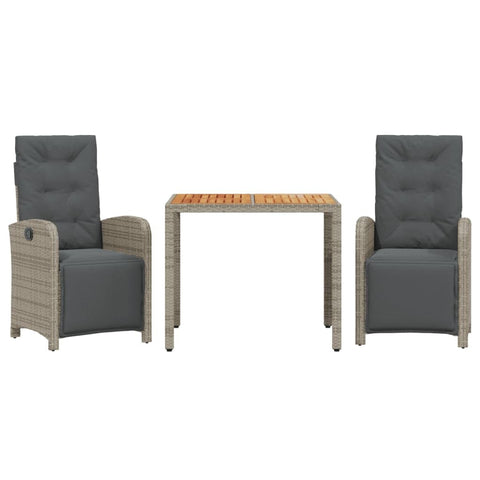 vidaXL 3 Piece Bistro Set with Cushions - Gray Poly Rattan - Adjustable Reclining Garden Chairs - Outdoor Table - Patio Furniture