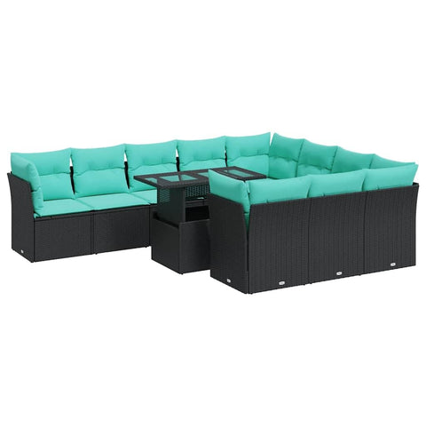 vidaXL 11 Piece Patio Sofa Set with Cushions Black Poly Rattan Acacia, Garden Sofa Set, Garden Lounge Set, Poly Rattan Sofa Set, Outdoor Sofa Set