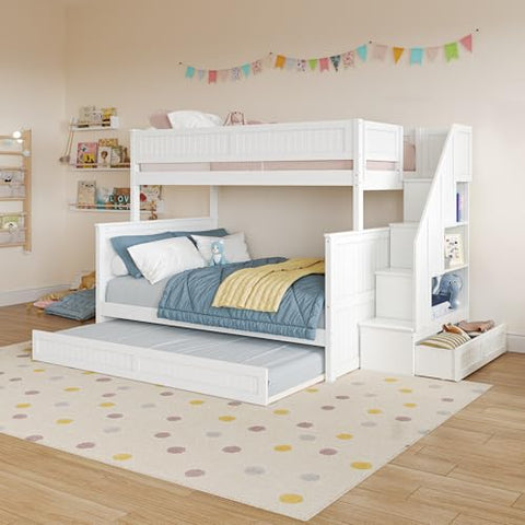 Dover Twin over Full Staircase Bunk Bed with Storage Drawer and Twin Trundle in White