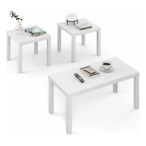 Furinno Classic Living Room Table Set of 3, Modern Rectangle Coffee Table with 2 Side Tables, End Tables, 1.65 Inch Thick Tabletop for Living Room, Home Office, White